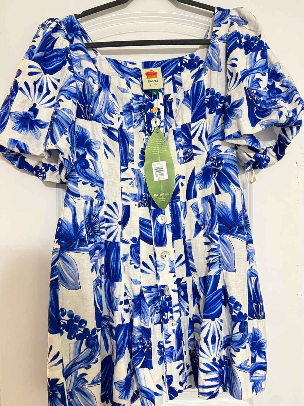FARM Rio Blue & White Tropical-Leaf Button Blouse